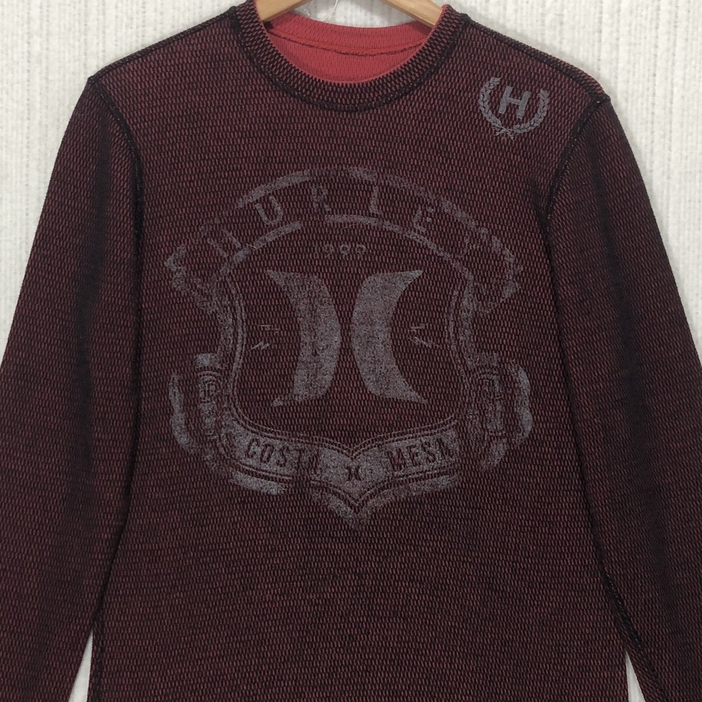 Hurley Reversible Thermal Shirt Mens Red Burgundy Waffle Knit Graphic L/S